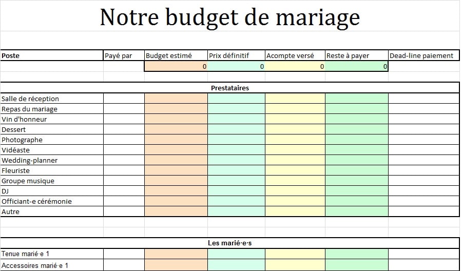 Tableau Excel Pour Votre Budget De Mariage A Telecharger