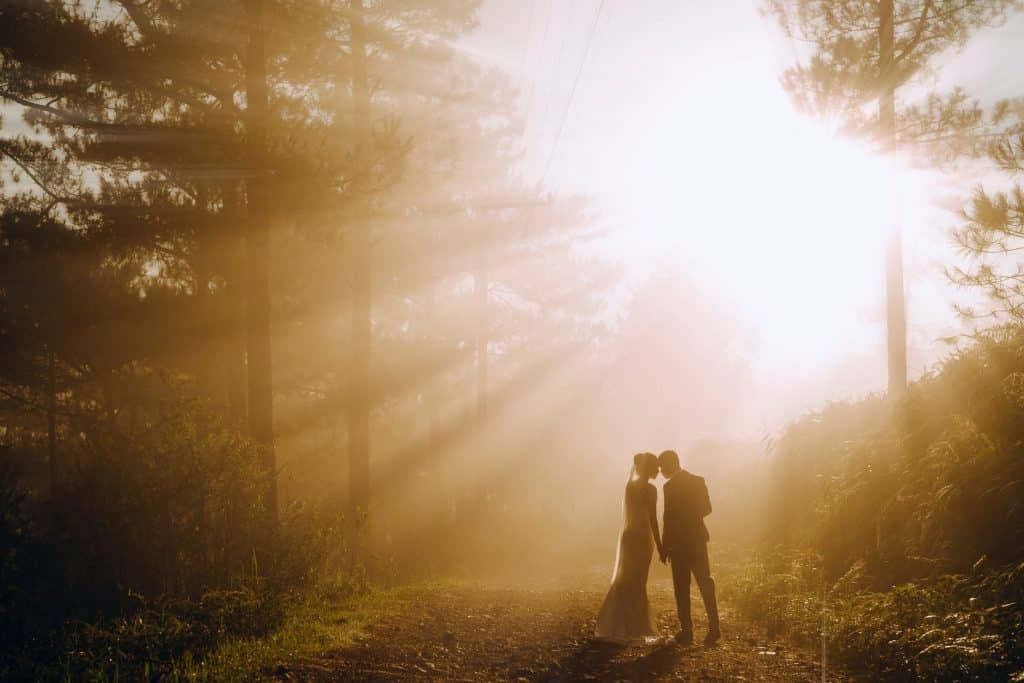 unrecognizable newlywed couple in forest