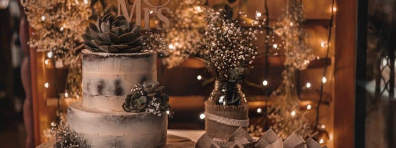 festive wedding cake decorated with chocolate flowers