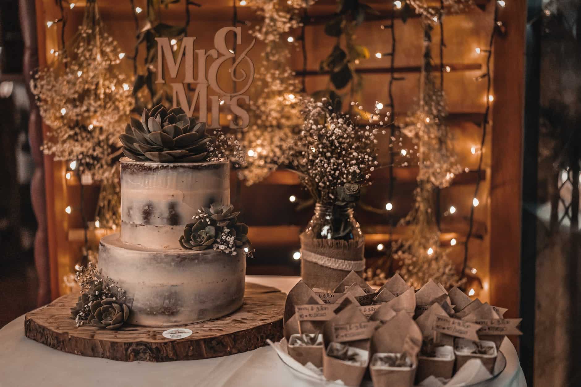 festive wedding cake decorated with chocolate flowers