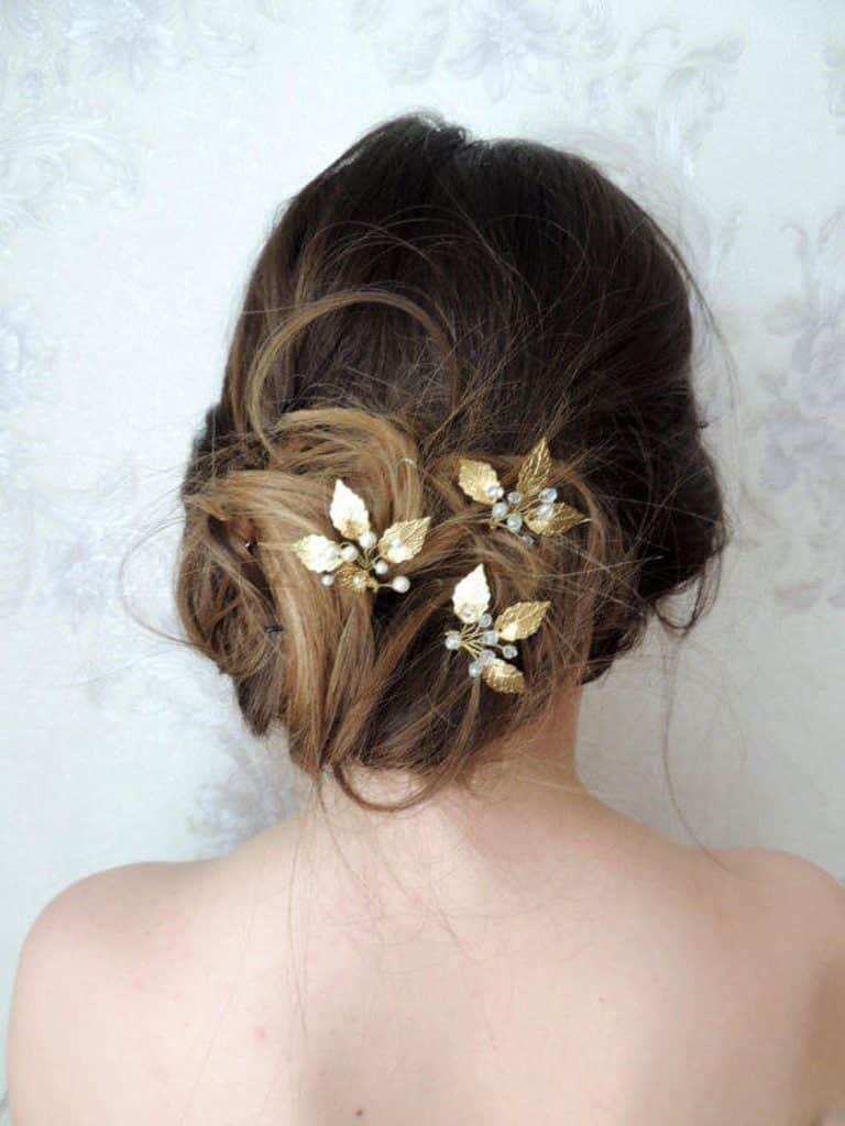 Épingles à cheveux de mariée feuilles d'or.