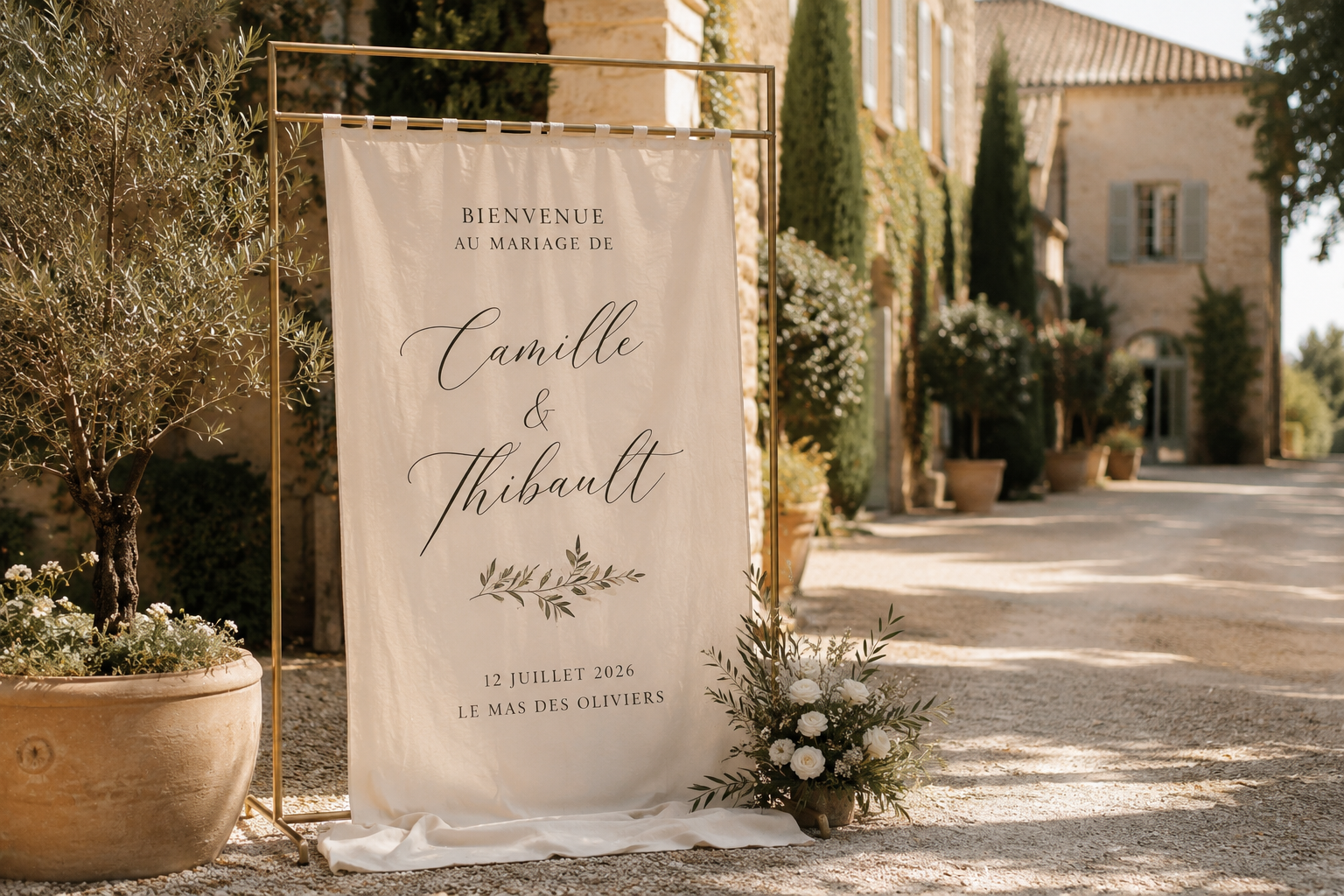 Panneau de bienvenue sur textile à l'entrée du mariage