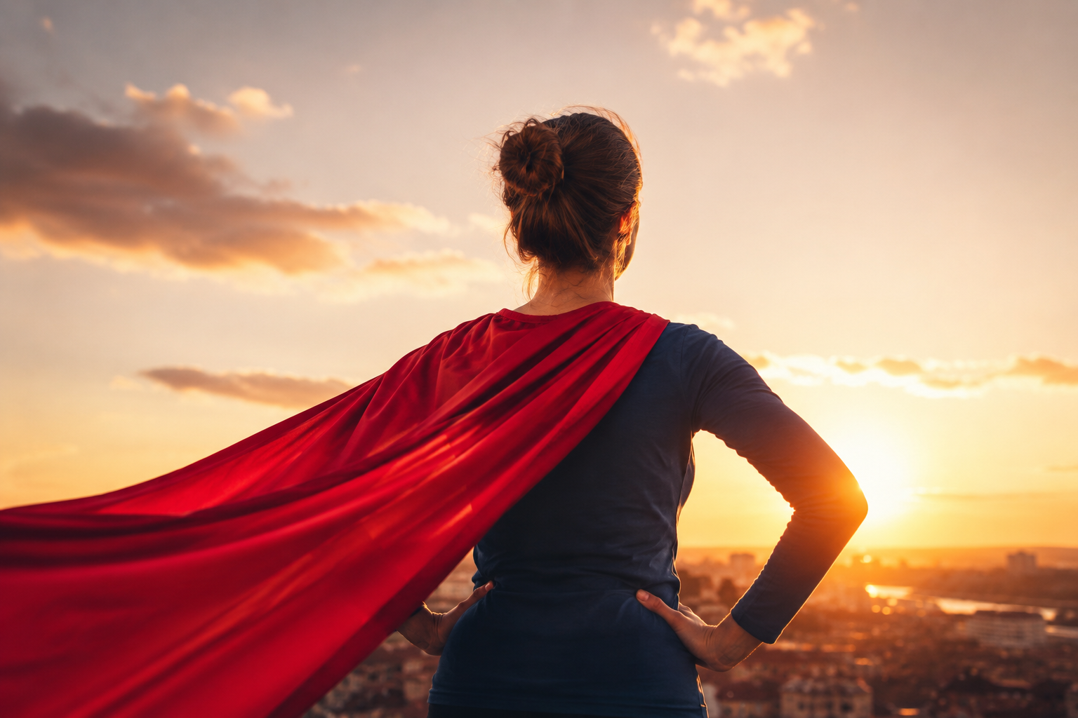 Femme avec une cape style superwoman