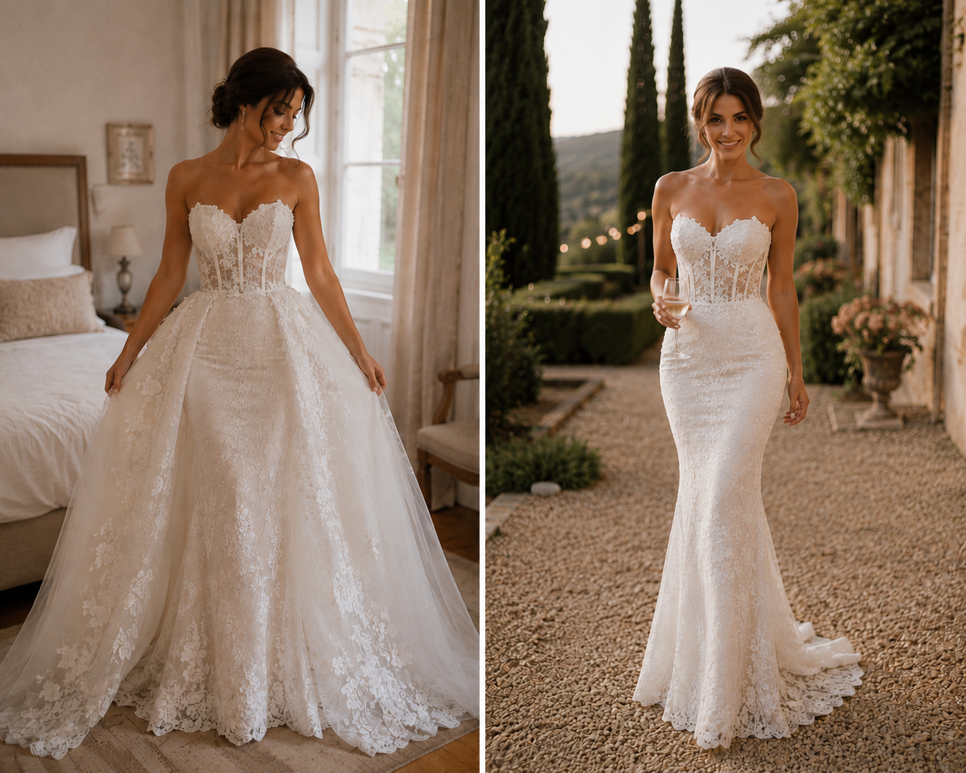 Photo d'une mariée avec une robe de mariée transformable grâce à une surjupe sur une robe de mariée près du corps