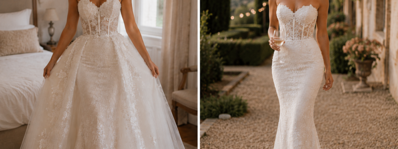 Photo d'une mariée avec une robe de mariée transformable grâce à une surjupe sur une robe de mariée près du corps
