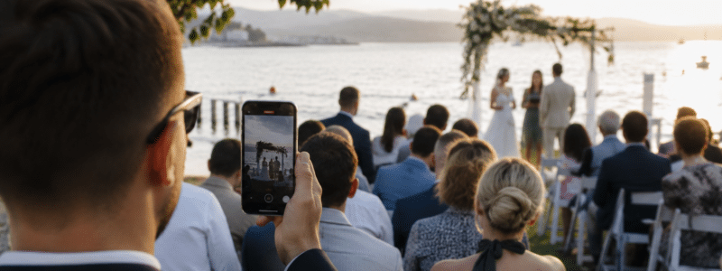 Photo d'une cérémonie de mariage avec un invité en train de prendre en vidéo la scène