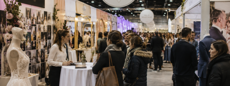 Photo prise lors d'un salon du mariage avec des personnes qui se renseignent pour l'organisation de leur mariage